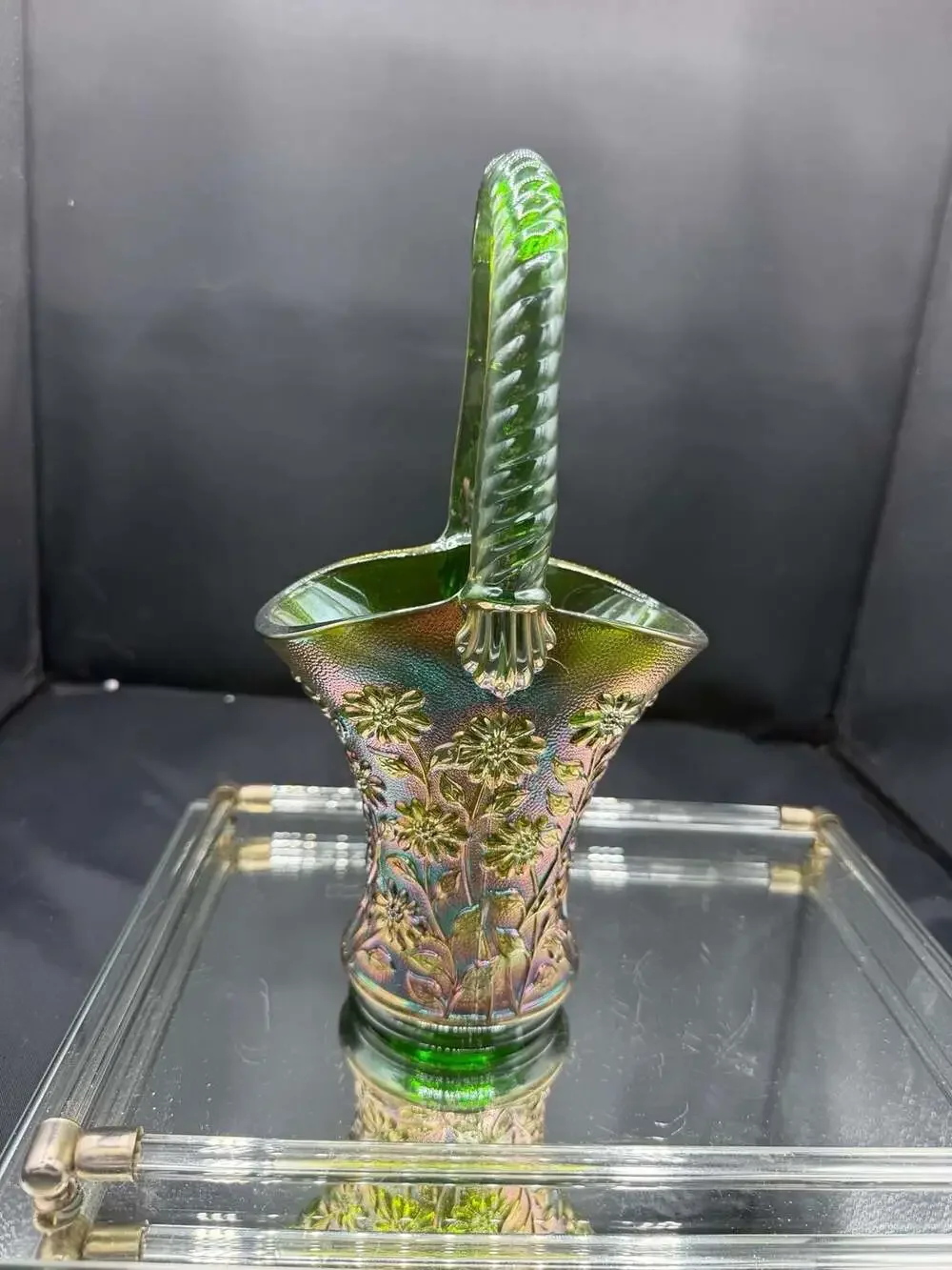 Imperial Helios Green Carnival Glass Daisy Basket